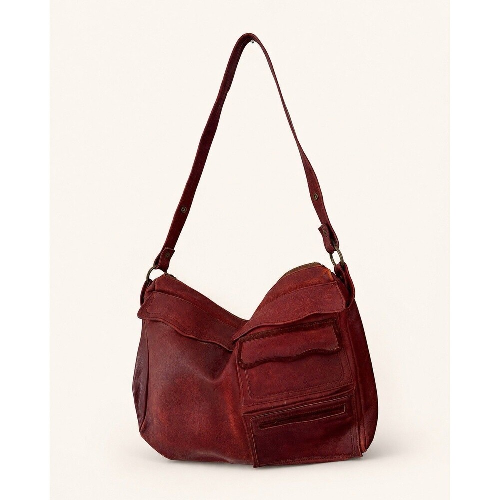Vintage Burgundy Genuine Leather Hobo Shoulder Bag Large Slouchy Boho Purse